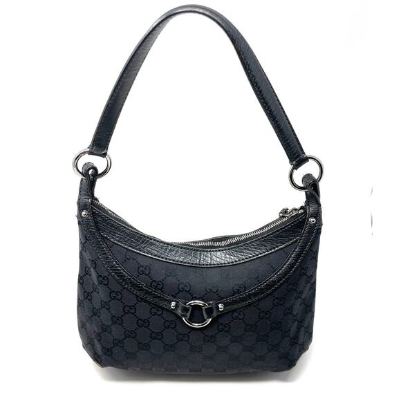 Gucci Horsebit GG Monogram Shoulder Hobo Zip Bag Canvas Leather Black Silver - Picture 2 of 16